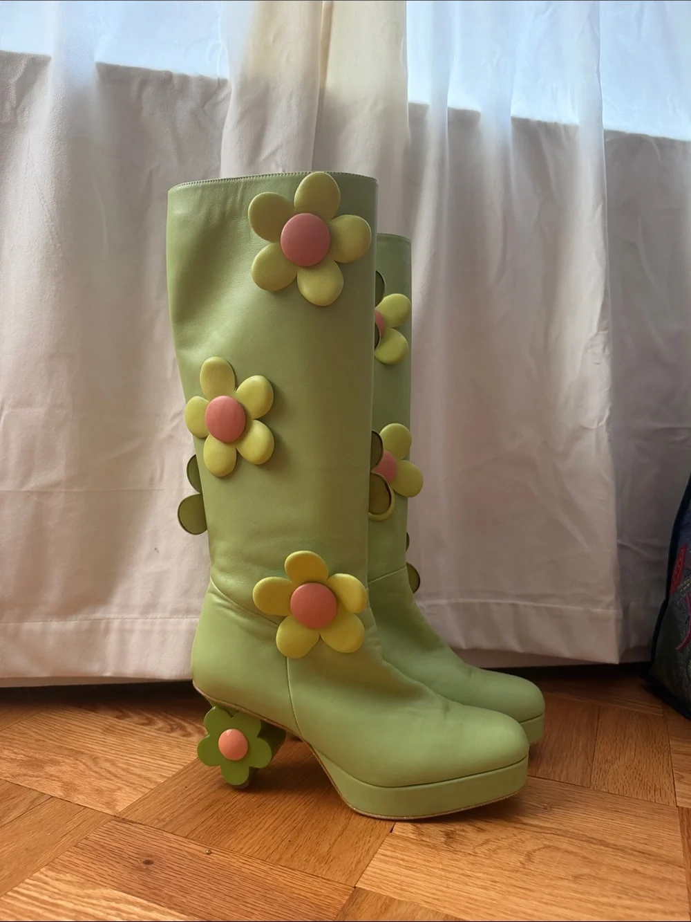 L’Atelier De Charlotte Green Flower Appliqué Platform Knee-High Boots